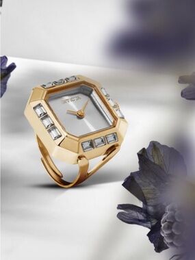 Invicta Gold Tone Ring Watch with Silver Dial and Crystal Accents